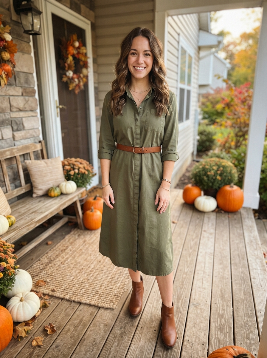 Olive Shirt Dress with a Belt Thanksgiving outfit for women