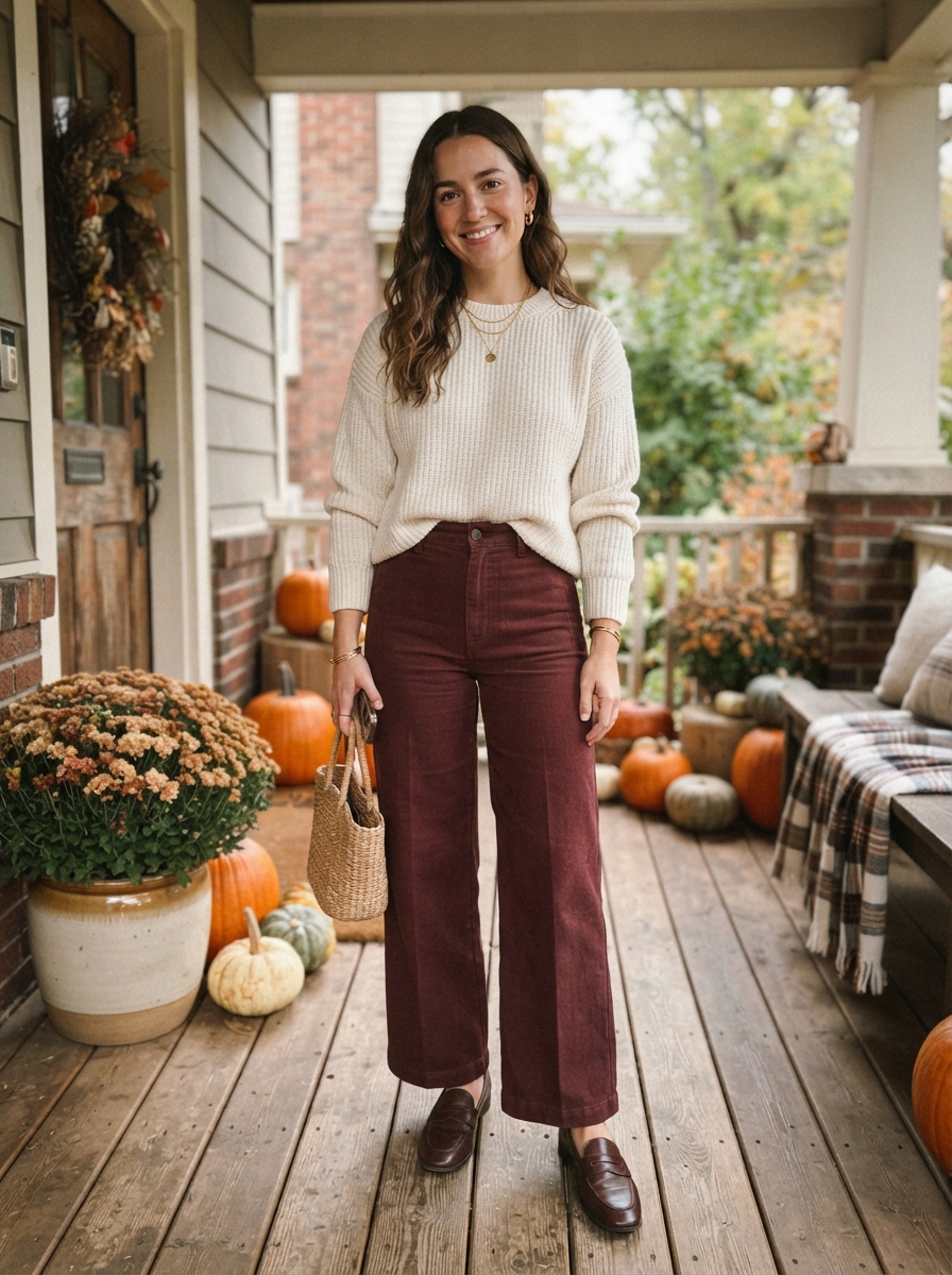 Burgundy Wide-Leg Trousers with Ivory Knit Thanksgiving outfit for women