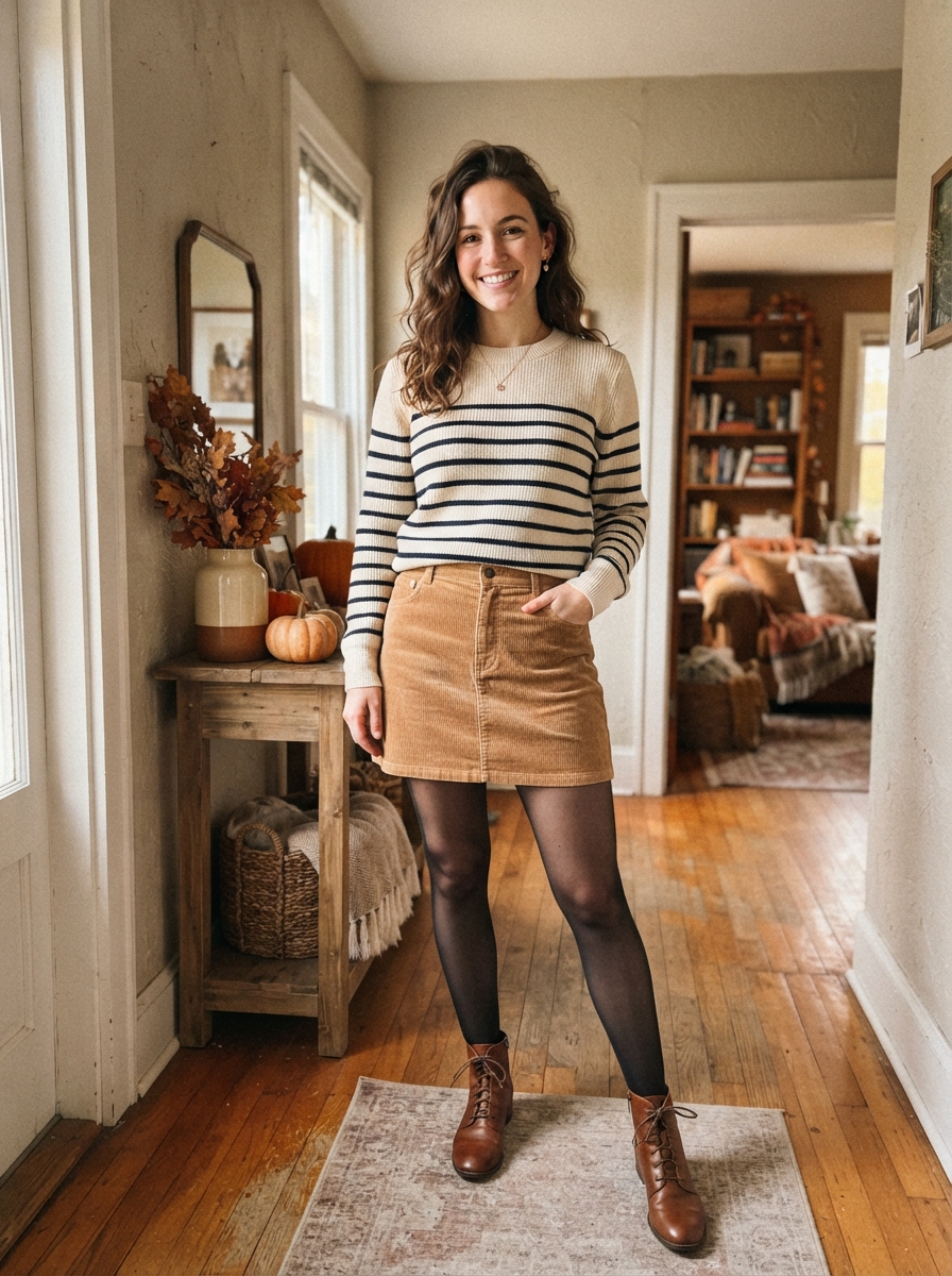 Corduroy Skirt with a Striped Sweater Thanksgiving outfit for women