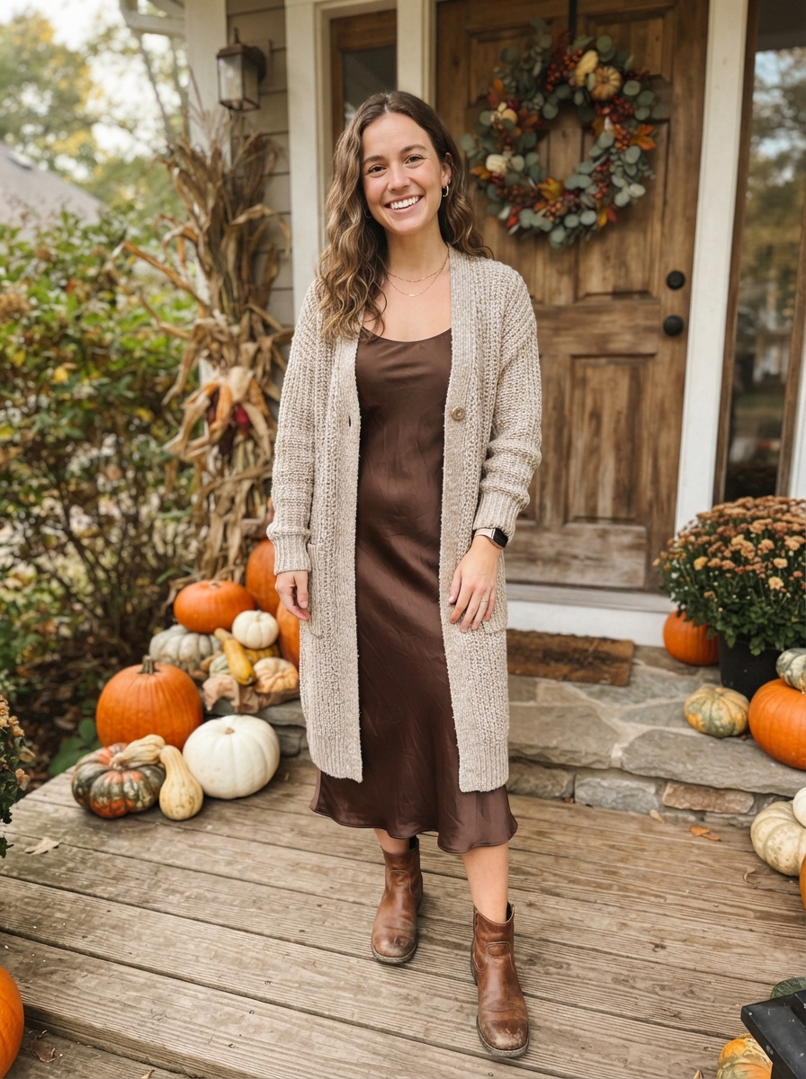 Chunky Cardigan over a Slip Dress Thanksgiving outfit for women