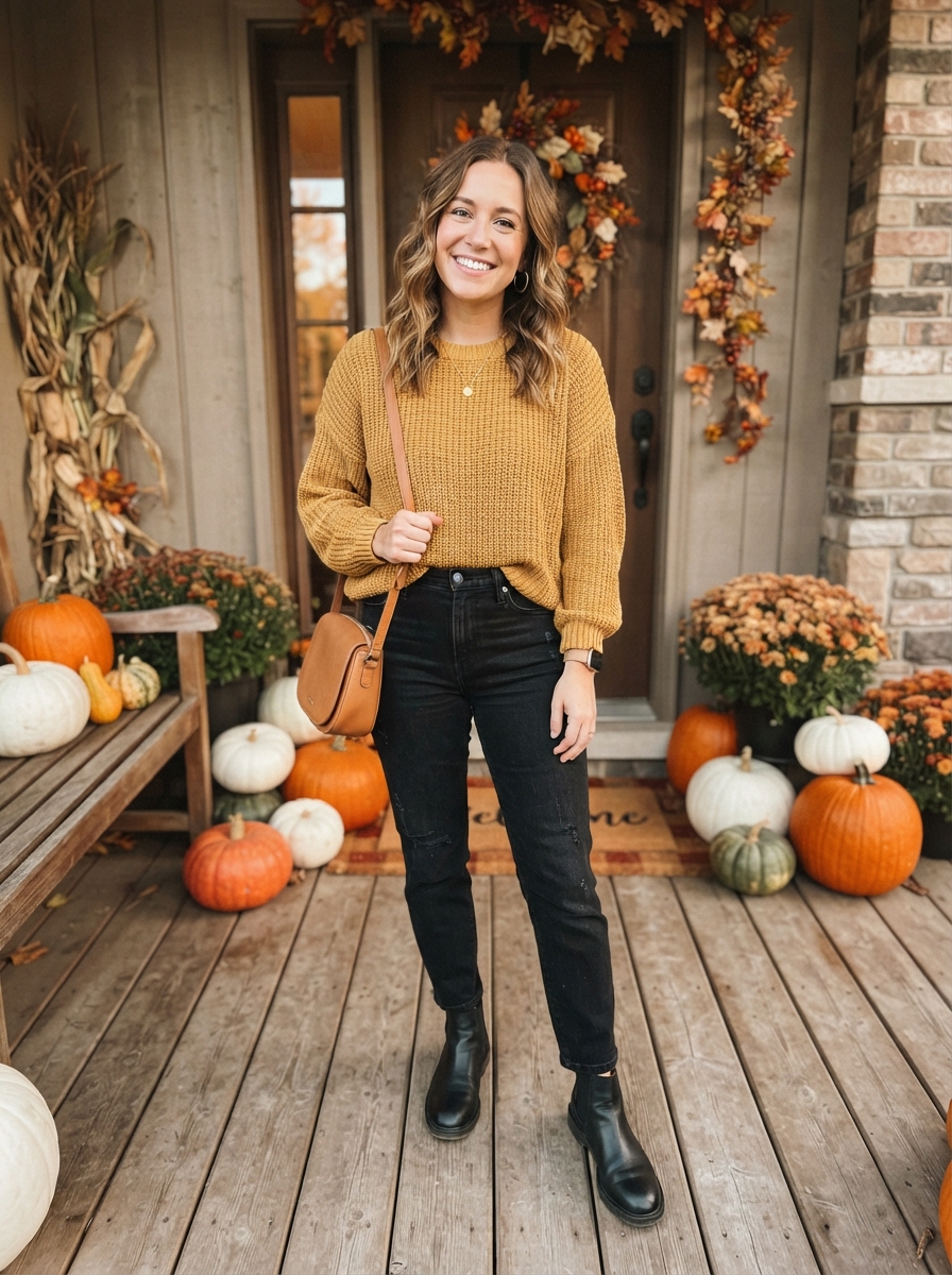 Mustard Sweater with Black Jeans Thanksgiving outfit for women