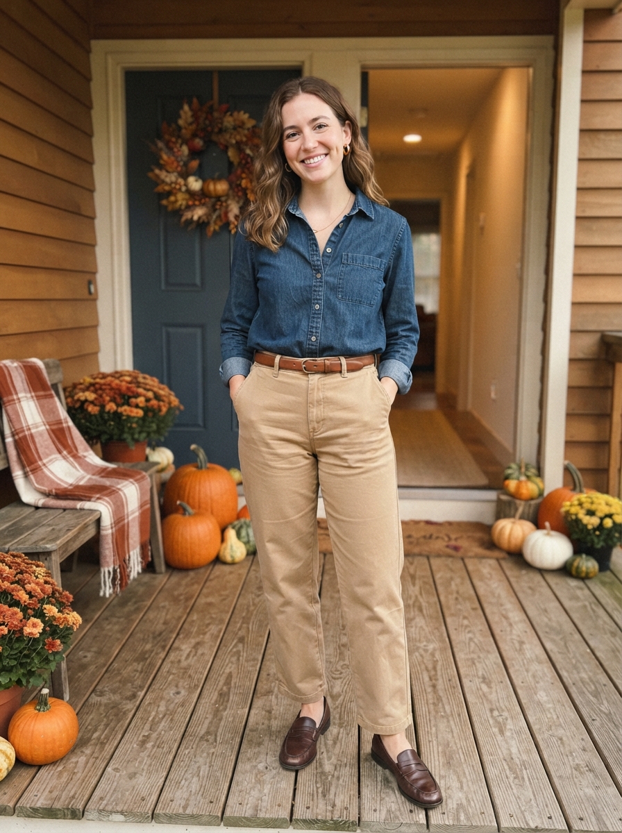 Denim Shirt with Tan Trousers Thanksgiving outfit for women