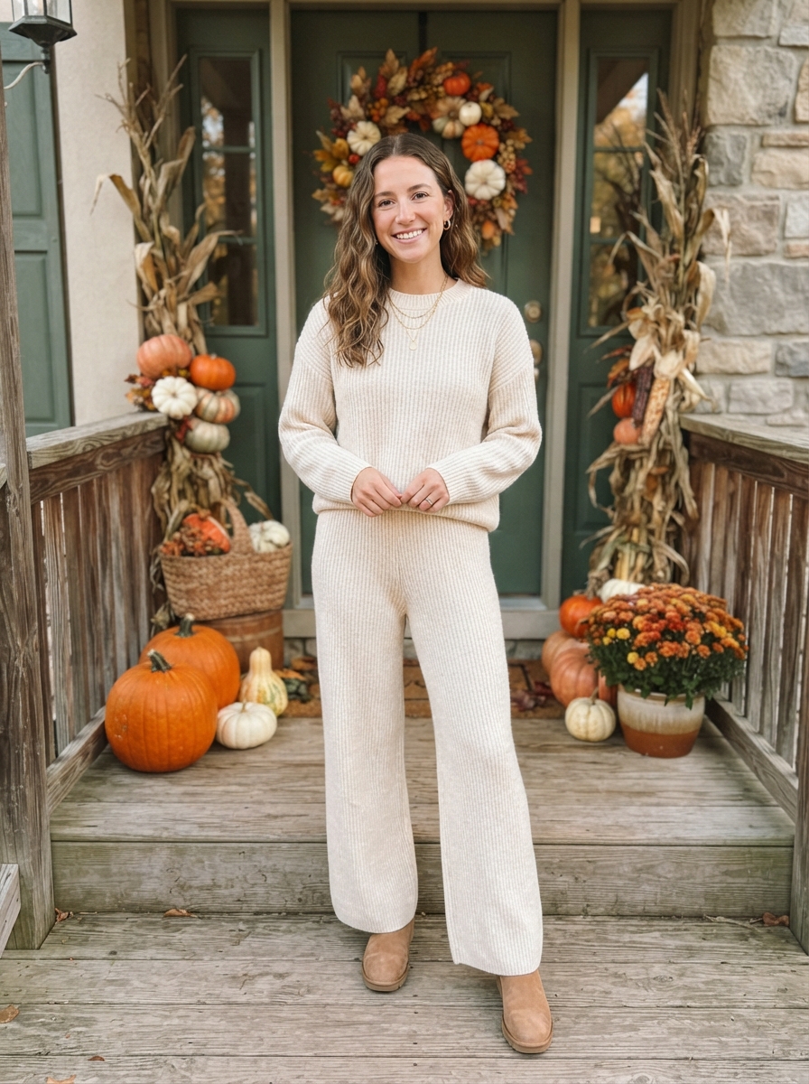 Cream Monochrome Knit Set Thanksgiving outfit for women
