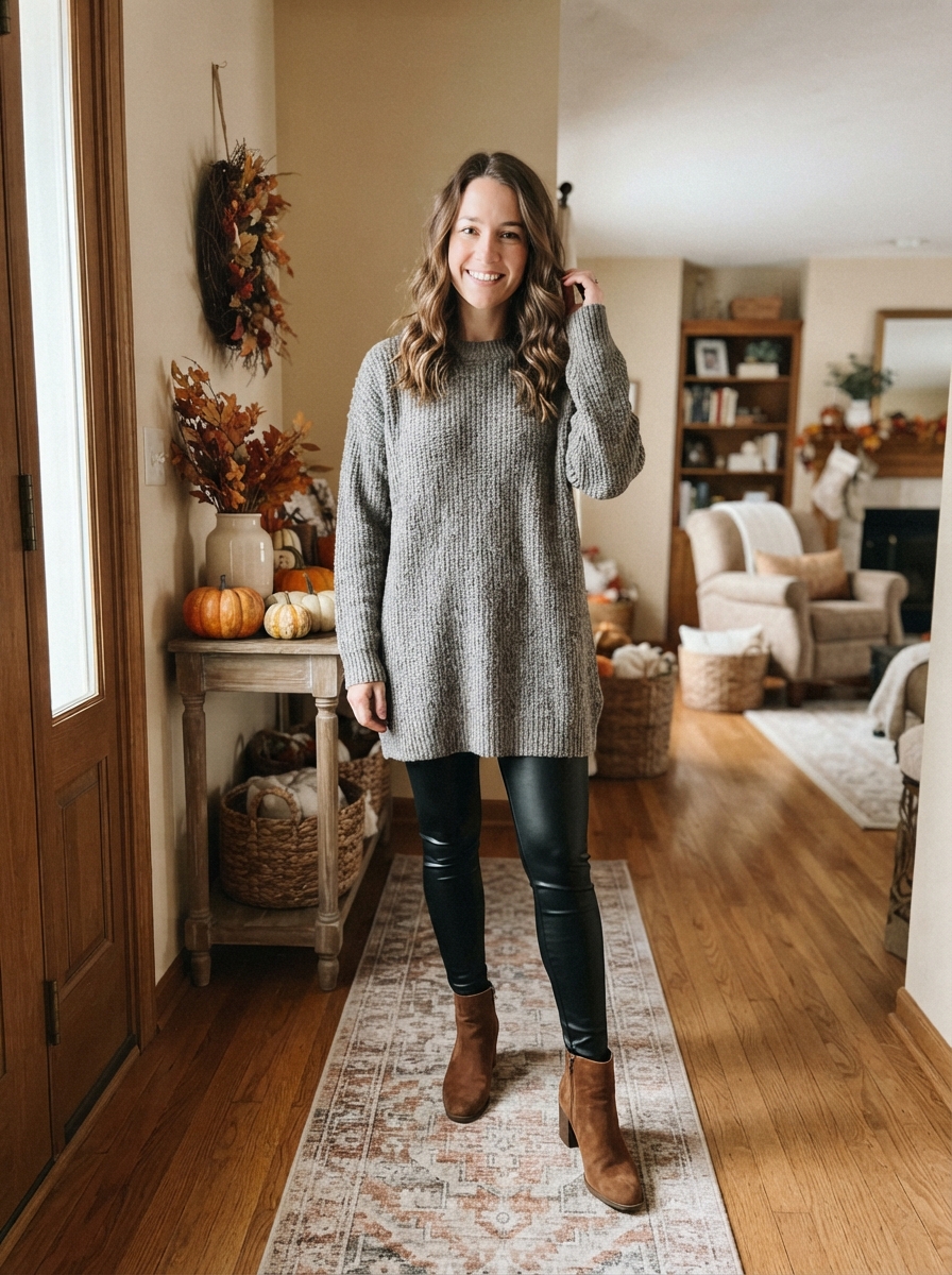 Faux Leather Leggings with an Oversized Sweater Thanksgiving outfit for women