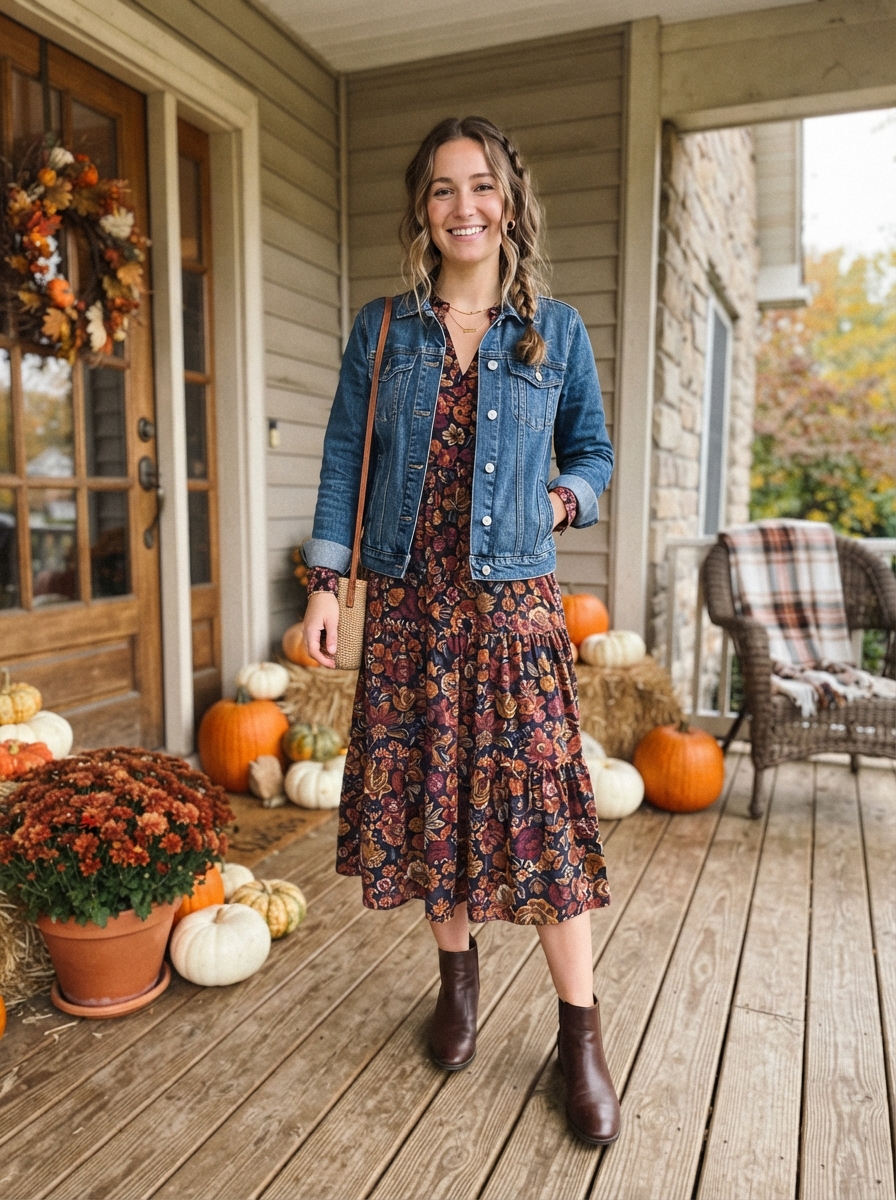 Floral Midi Dress with a Denim Jacket Thanksgiving outfit for women