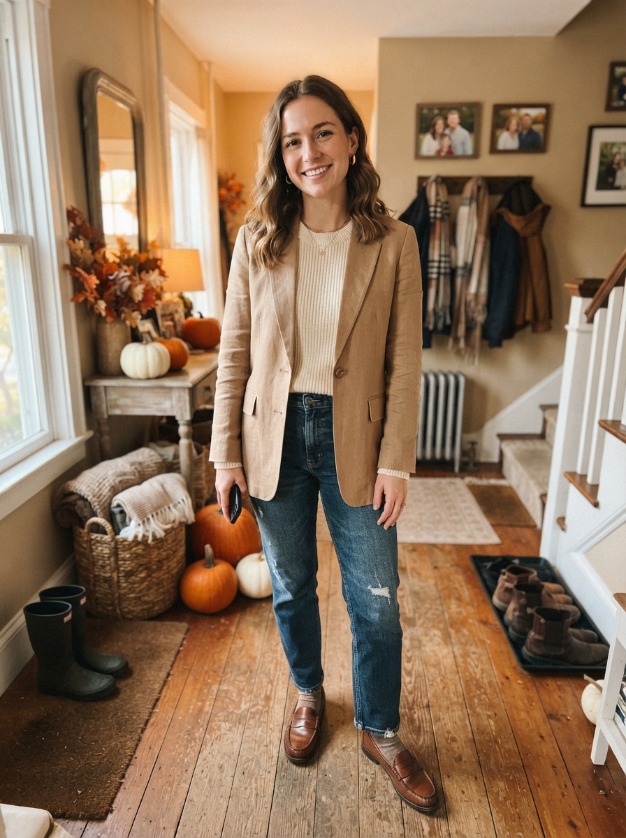 Tan Blazer with Jeans and a Knit Thanksgiving outfit for women