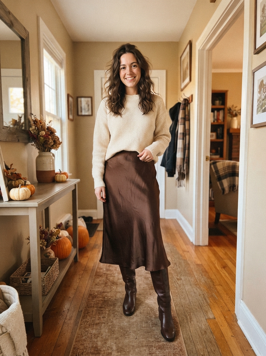 Chocolate Brown Satin Skirt with Sweater Thanksgiving outfit for women