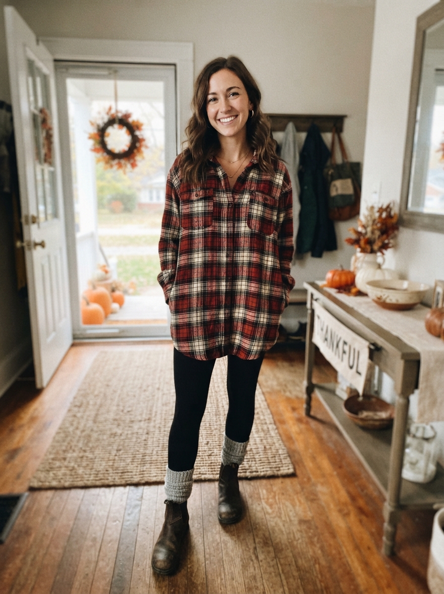 Flannel Shirt with Leggings and Boots Thanksgiving outfit for women