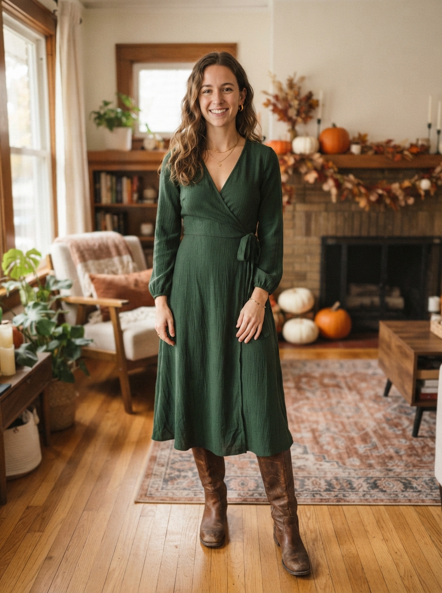 Forest Green Wrap Dress Thanksgiving outfit for women