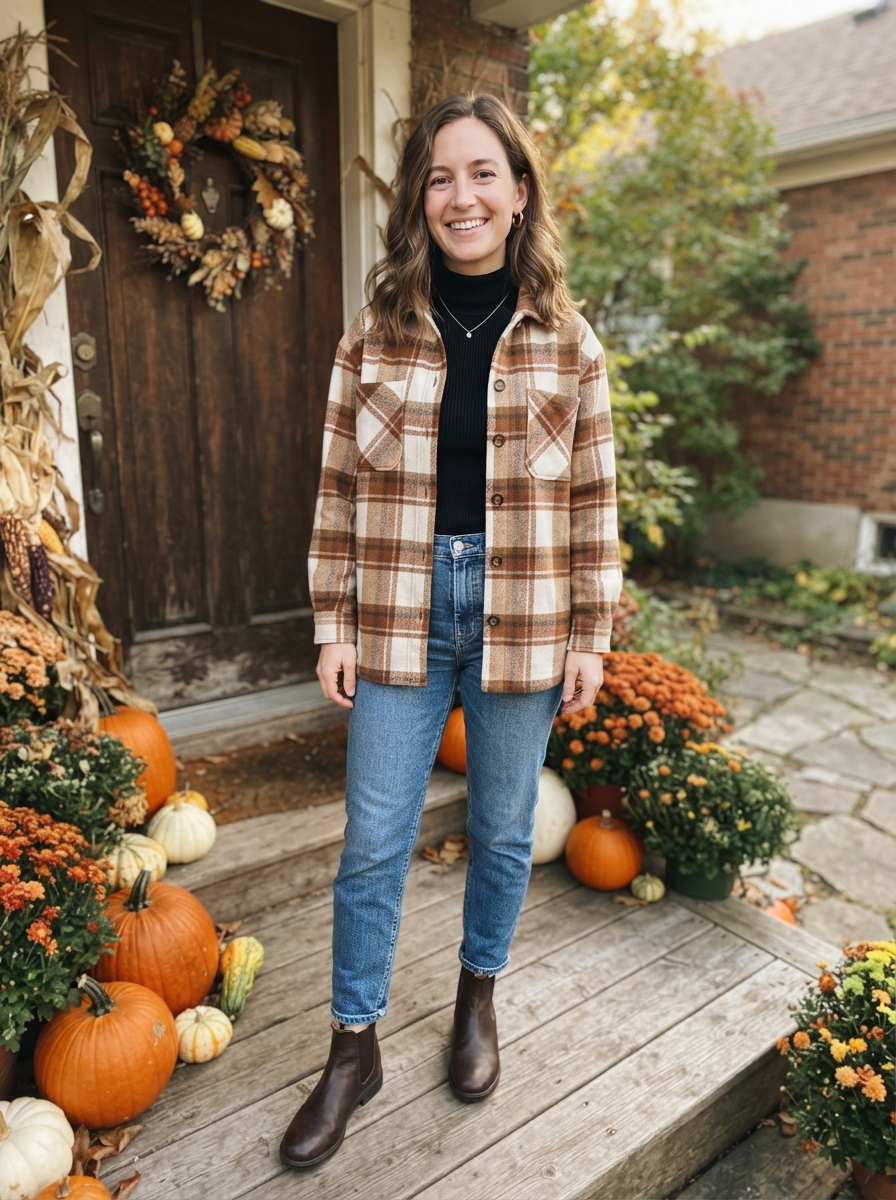 Shacket over a Turtleneck and Jeans Thanksgiving outfit for women