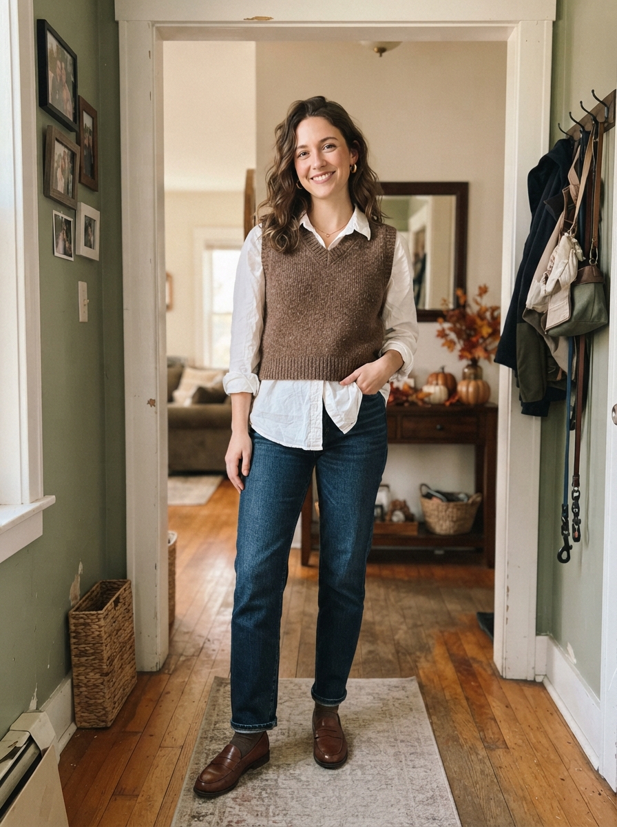 Sweater Vest over a White Shirt Thanksgiving outfit for women