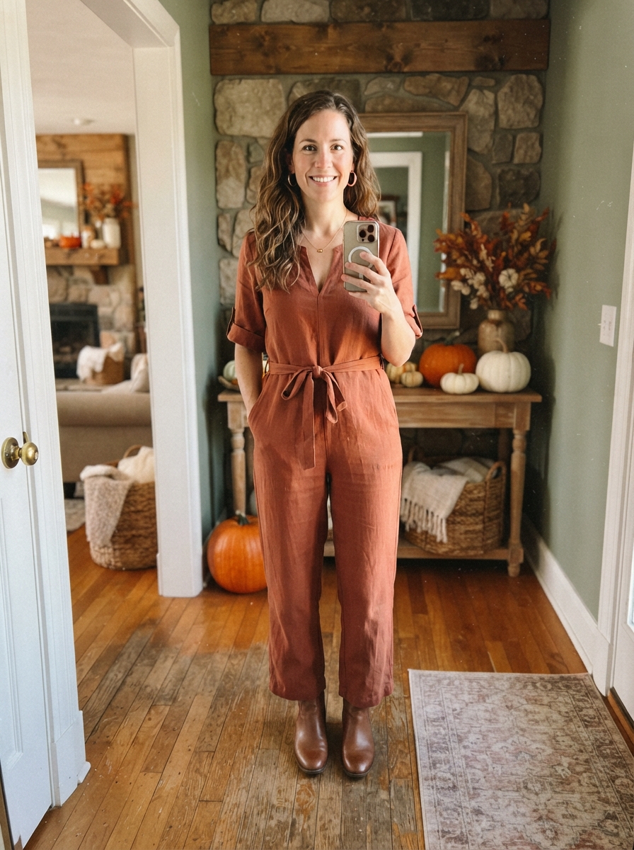 Rust Jumpsuit with a Belt Thanksgiving outfit for women