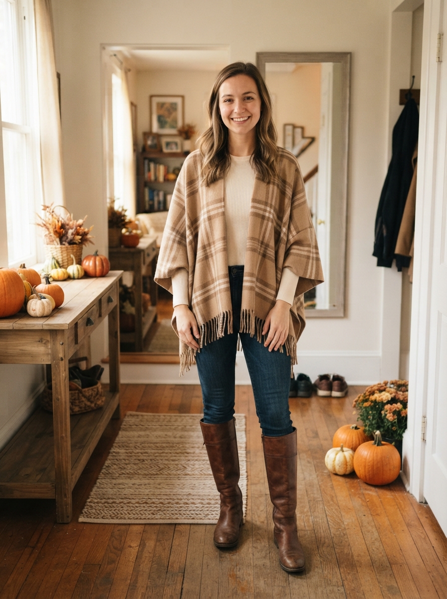 Poncho with Skinny Jeans and Tall Boots Thanksgiving outfit for women