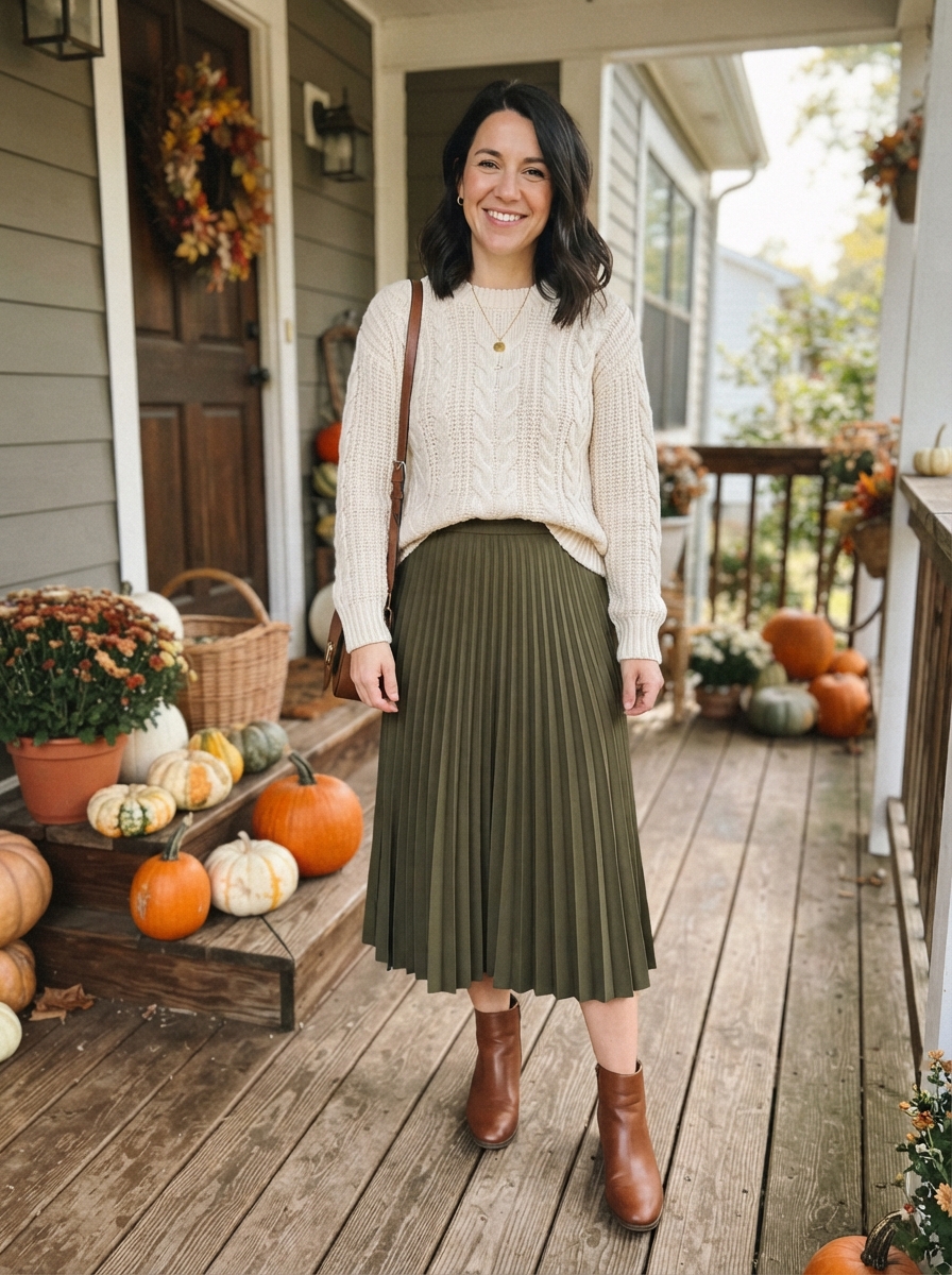 Cable Knit Sweater with a Pleated Skirt Thanksgiving outfit for women