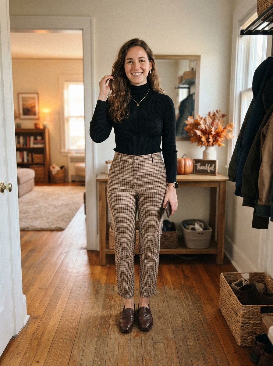 Black Turtleneck with Plaid Trousers Thanksgiving outfit for women