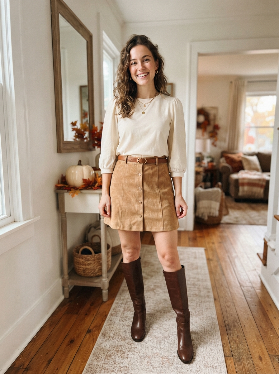 Suede Skirt with a Cream Blouse Thanksgiving outfit for women