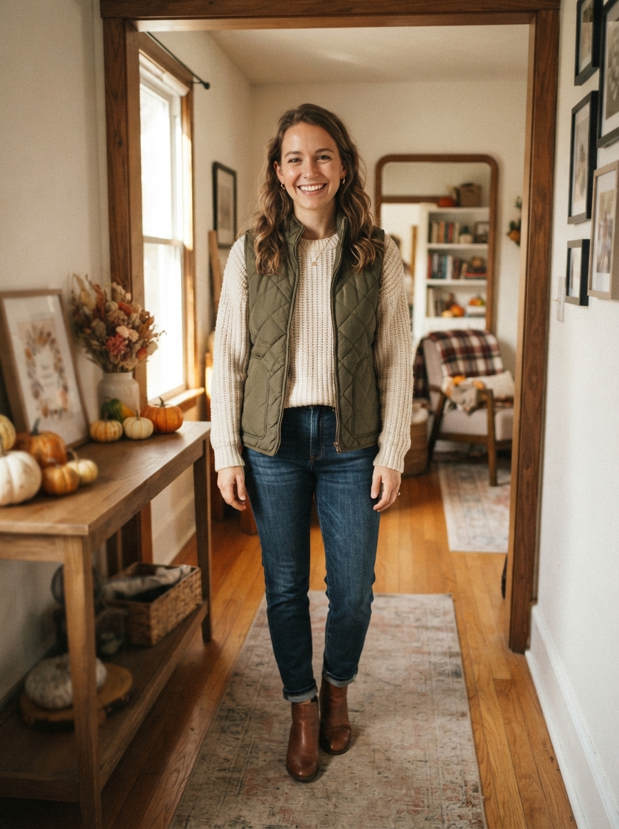 Quilted Vest over a Sweater Thanksgiving outfit for women