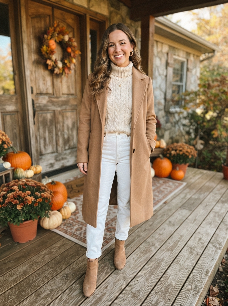 White Jeans with a Camel Coat Thanksgiving outfit for women