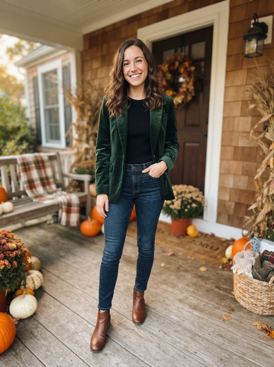 Velvet Blazer with Jeans Thanksgiving outfit for women