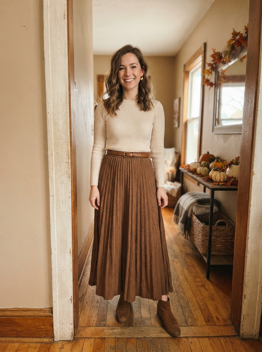 Maxi Skirt with a Tucked Knit Thanksgiving outfit for women
