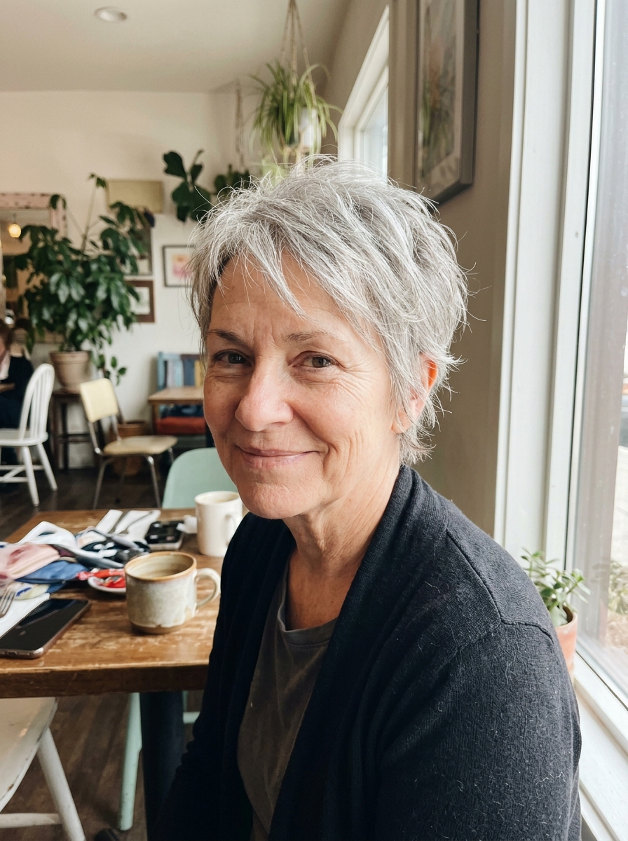 Messy Layered Pixie for thin fine hair over 50
