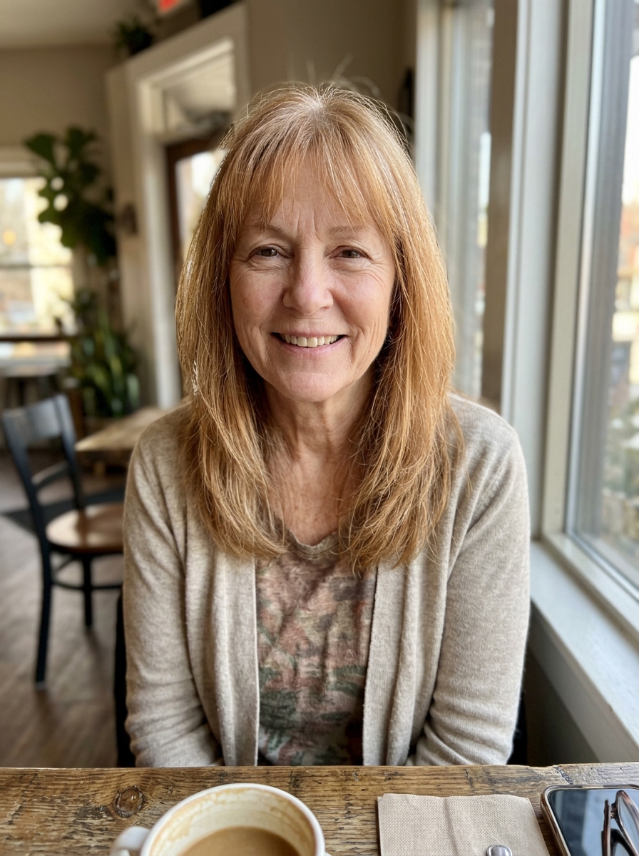 Shoulder-Length Layers with Wispy Bangs for thin fine hair over 50
