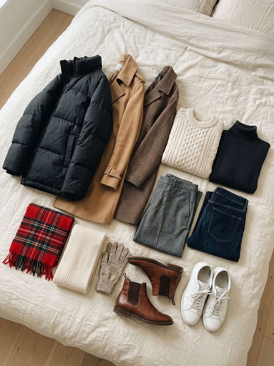 Winter capsule wardrobe layout flat lay