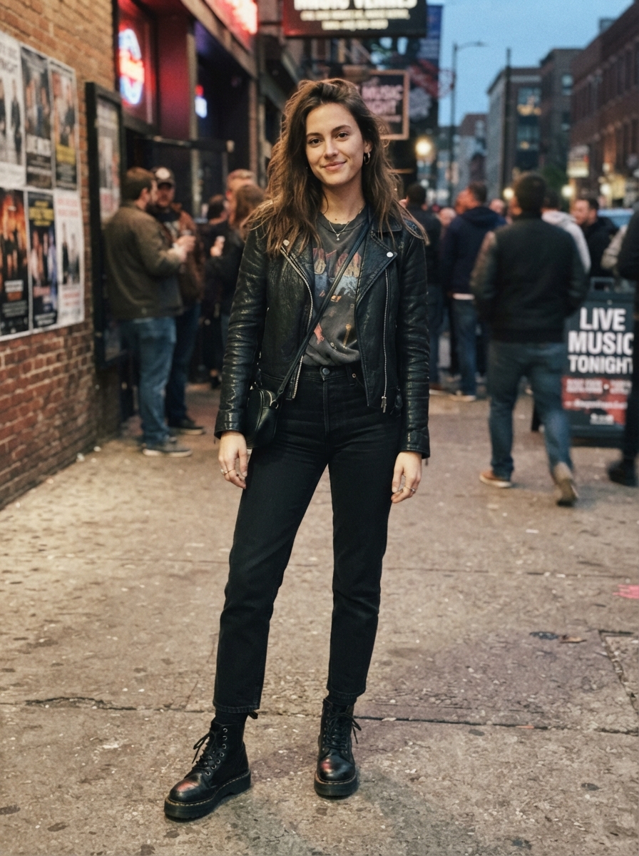 Black Leather Jacket with Band Tee and Jeans winter concert outfit