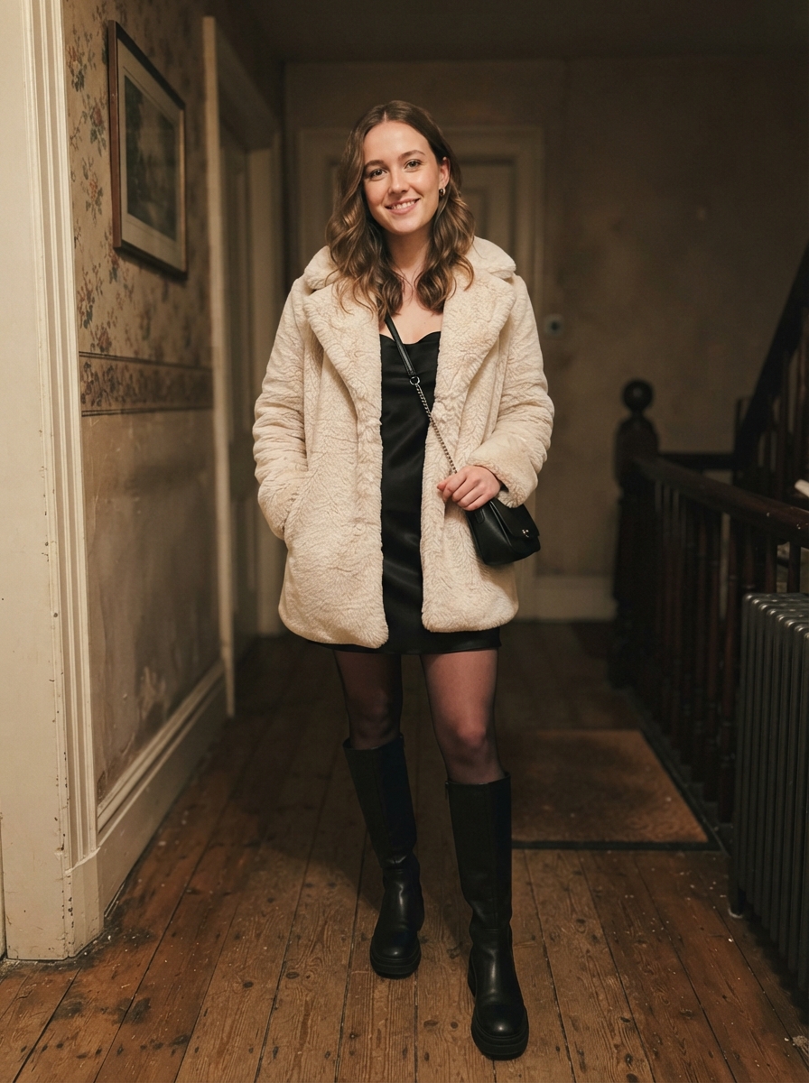 Faux Fur Coat over a Slip Dress winter concert outfit