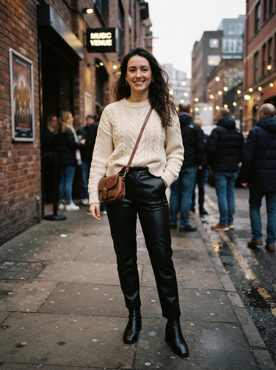 Leather Trousers with a Chunky Knit winter concert outfit
