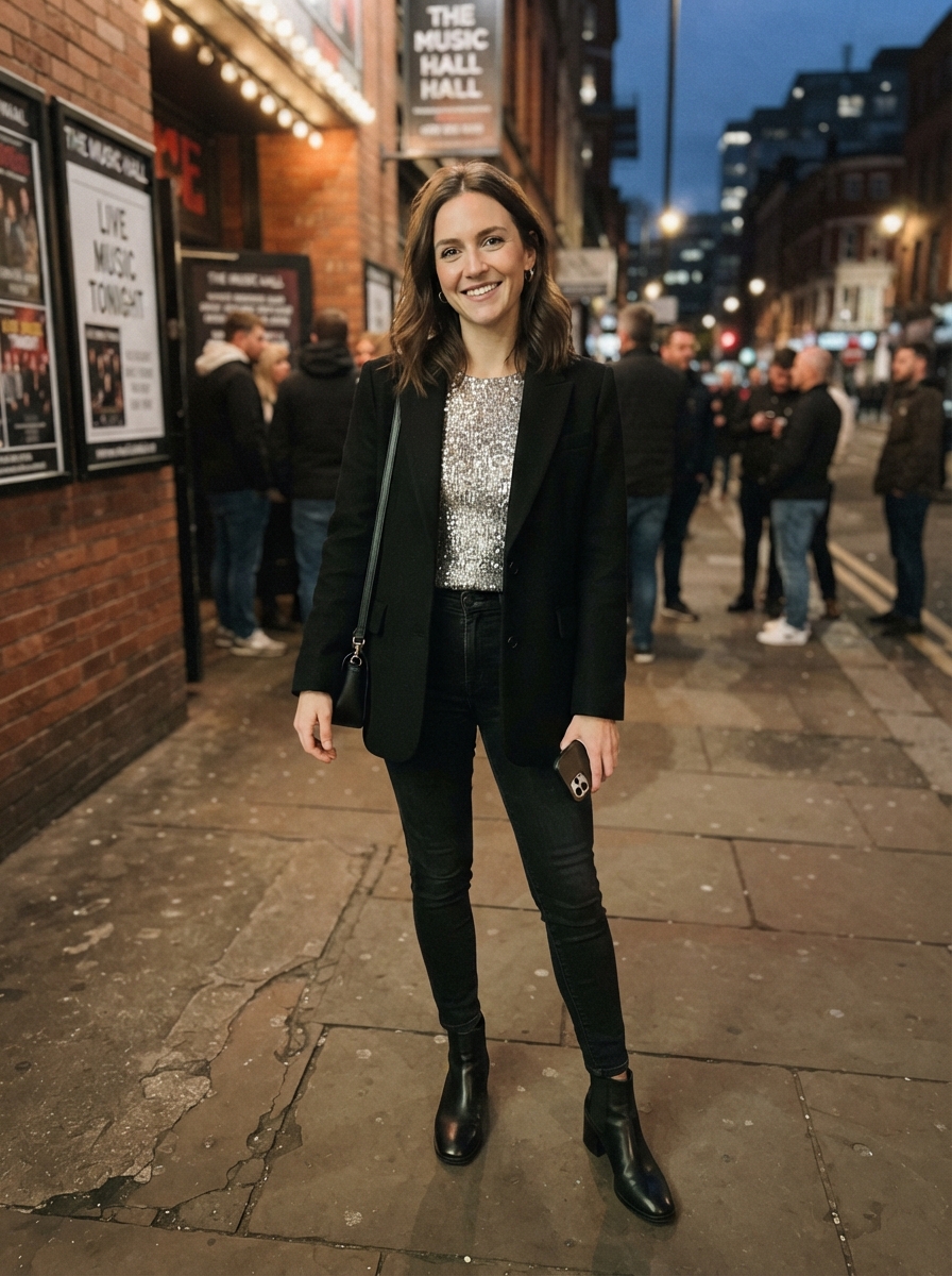 Sequin Top with Black Jeans and Blazer winter concert outfit