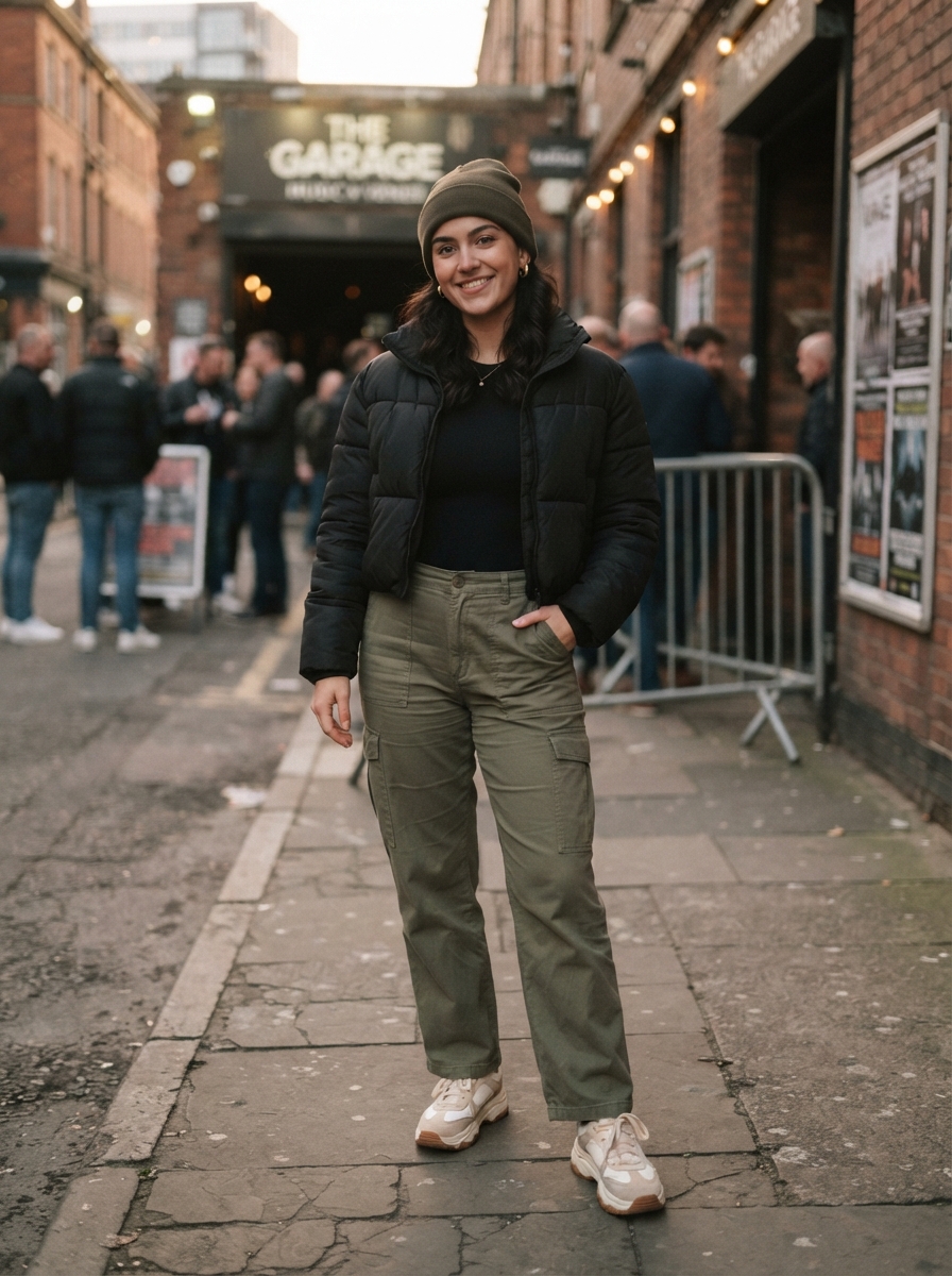 Puffer Jacket with Cargo Trousers winter concert outfit