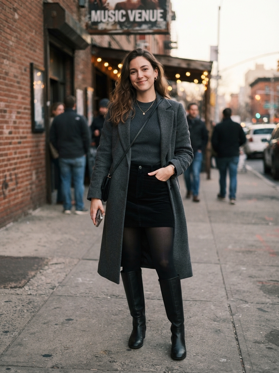 Mini Skirt with Tights and Knee-High Boots winter concert outfit
