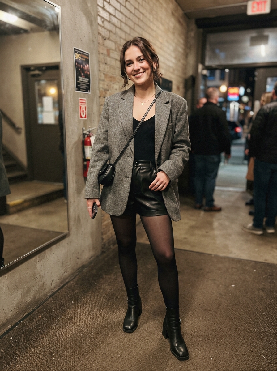 Oversized Blazer with Bodysuit and Leather Shorts winter concert outfit