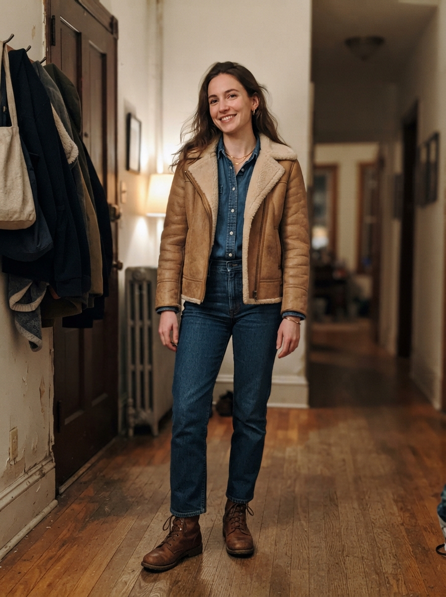 Denim on Denim with a Shearling Jacket winter concert outfit