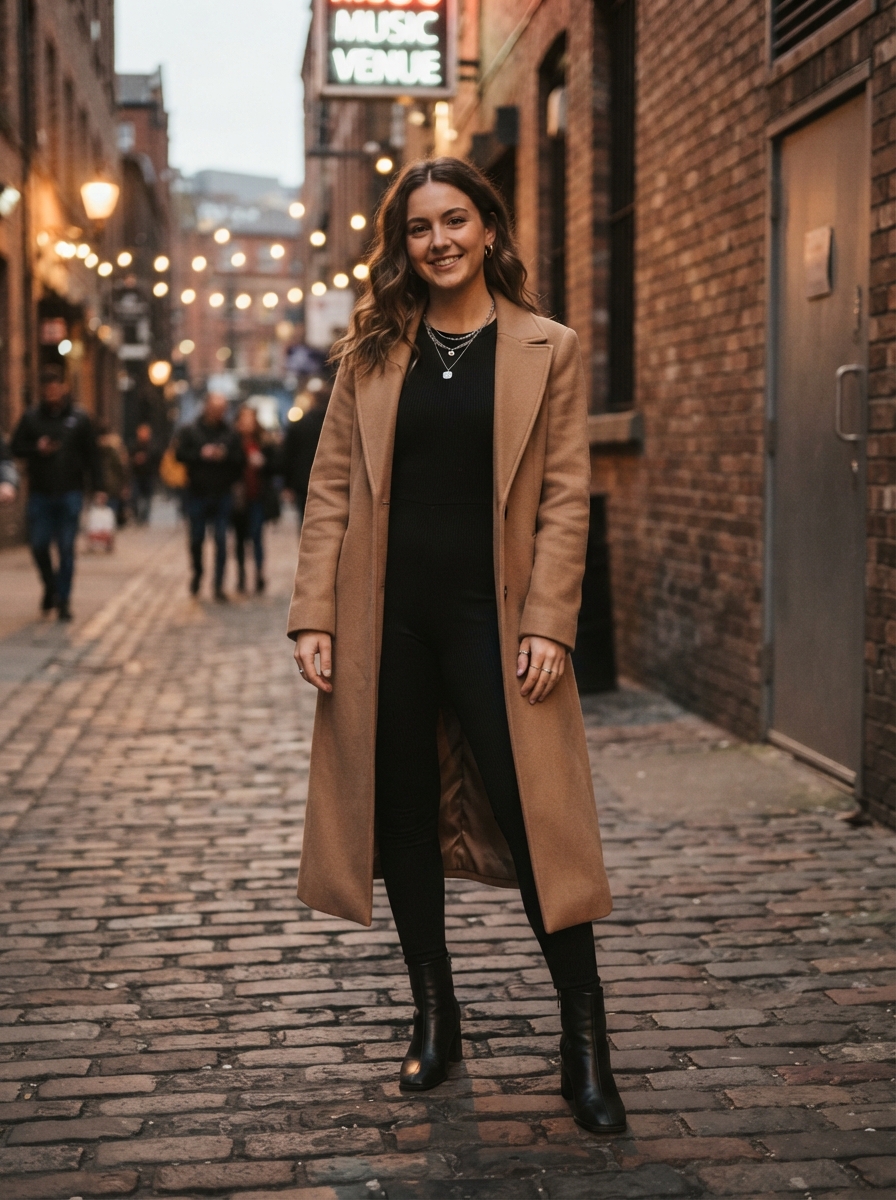 Black Jumpsuit with a Long Coat winter concert outfit
