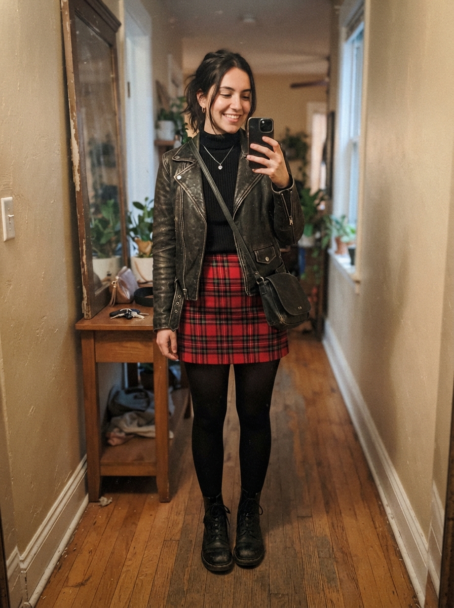 Plaid Skirt with Sweater and Combat Boots winter concert outfit