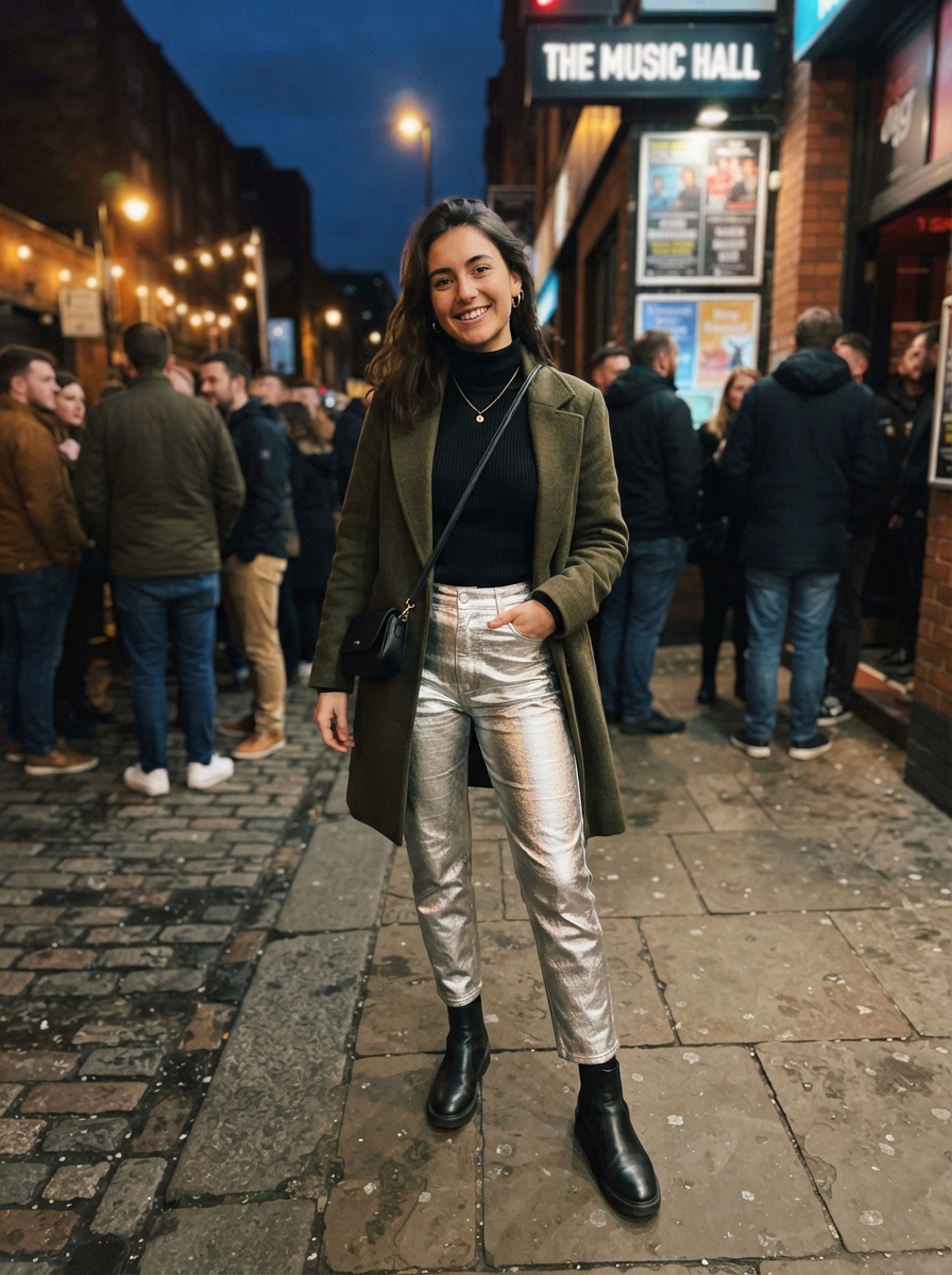 Metallic Trousers with a Black Turtleneck winter concert outfit