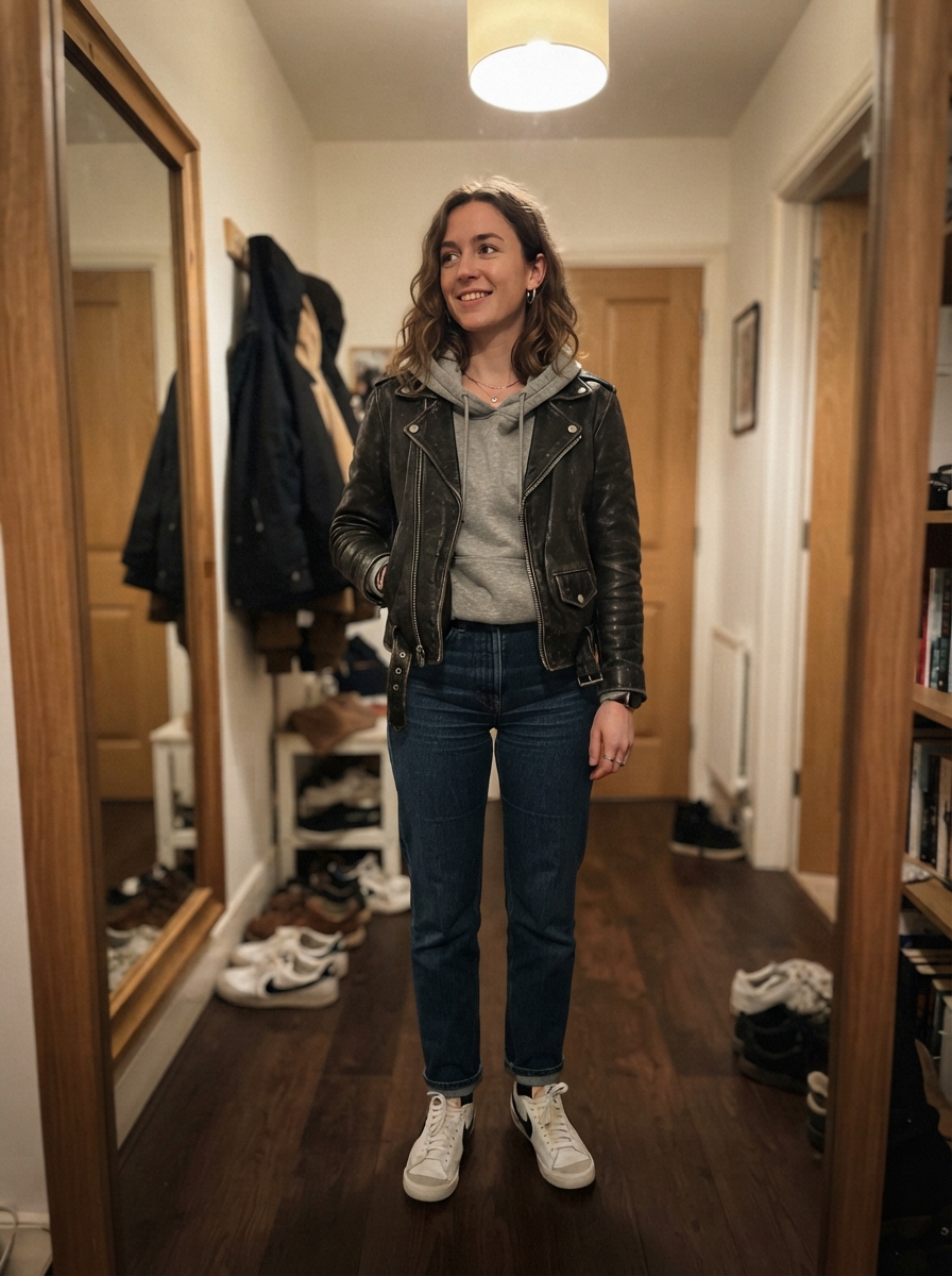 Hoodie Under a Leather Jacket winter concert outfit