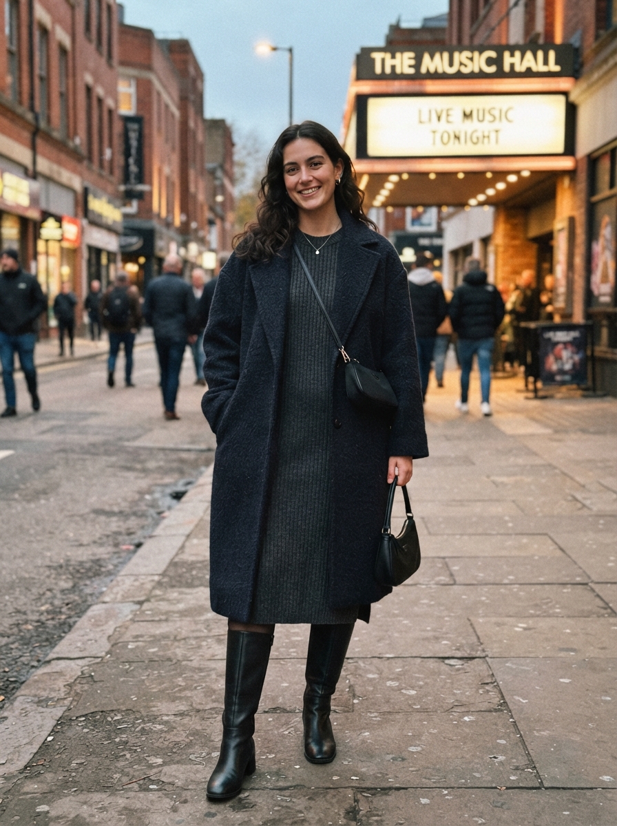 Knit Dress with Tall Boots winter concert outfit