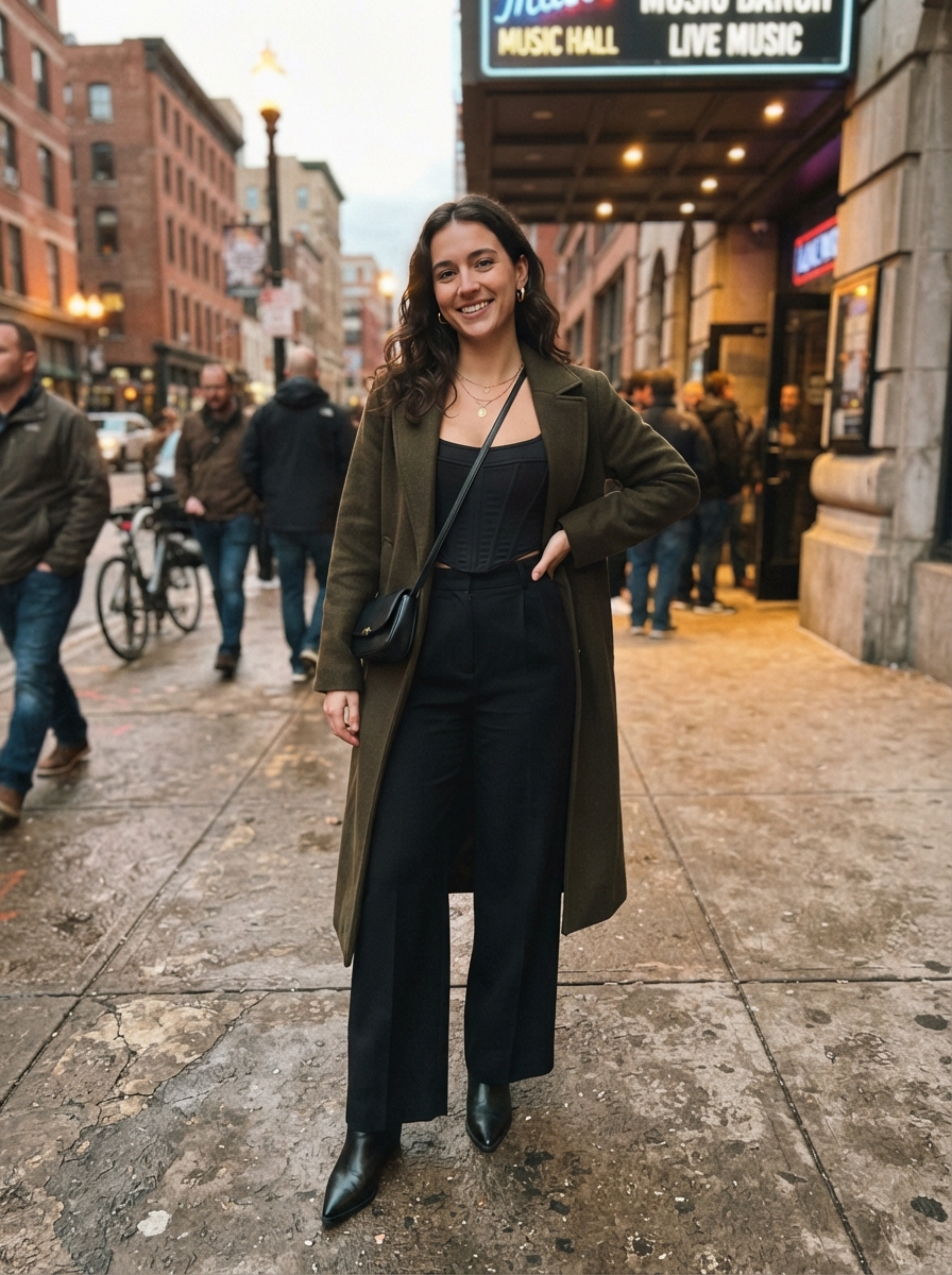 Corset Top with Wide-Leg Trousers and Coat winter concert outfit