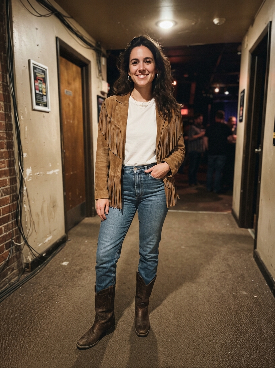 Western Boots with Jeans and a Suede Jacket winter concert outfit