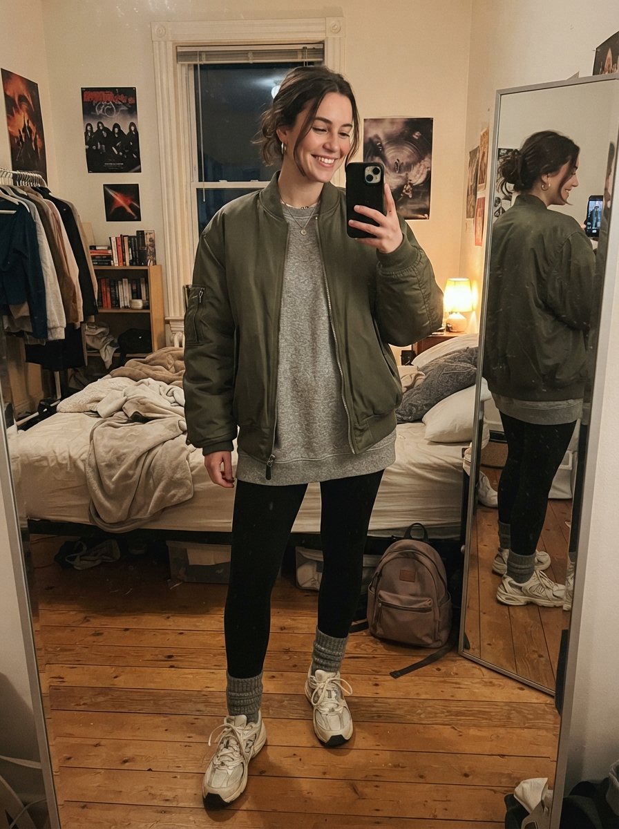 Fleece-Lined Leggings with an Oversized Jacket winter concert outfit