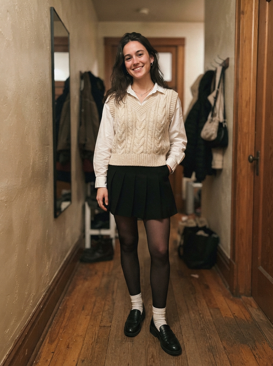 Sweater Vest with White Shirt and Mini Skirt winter concert outfit