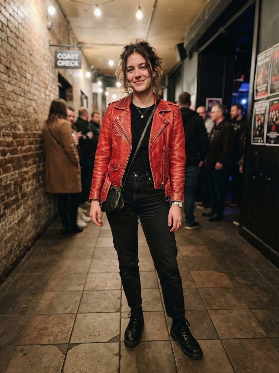 Red Leather Jacket with Black Basics winter concert outfit
