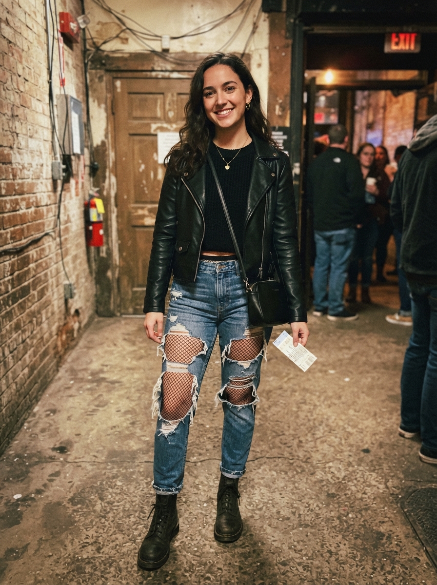 Fishnet Tights under Ripped Jeans winter concert outfit