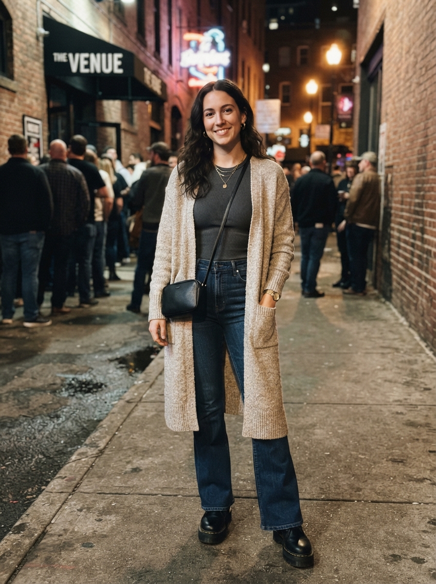 Long Cardigan with Flared Jeans winter concert outfit