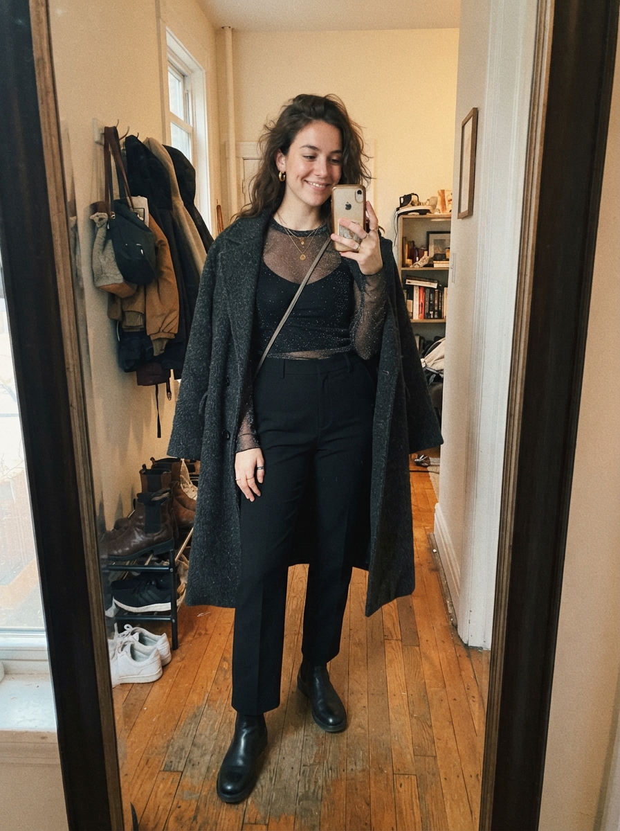 Glitter Mesh Top over a Bralette with Coat winter concert outfit