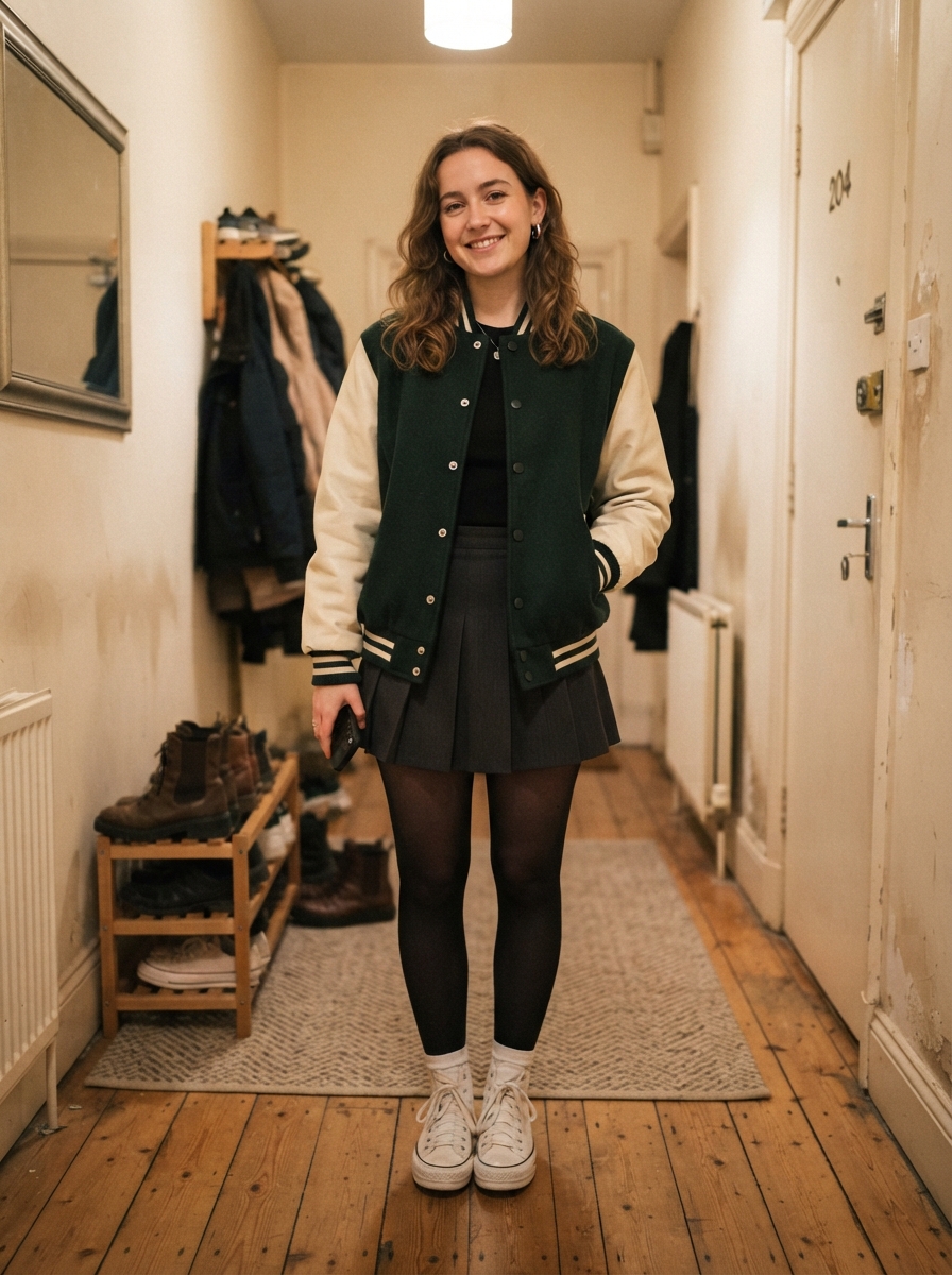 Varsity Jacket with Pleated Skirt winter concert outfit
