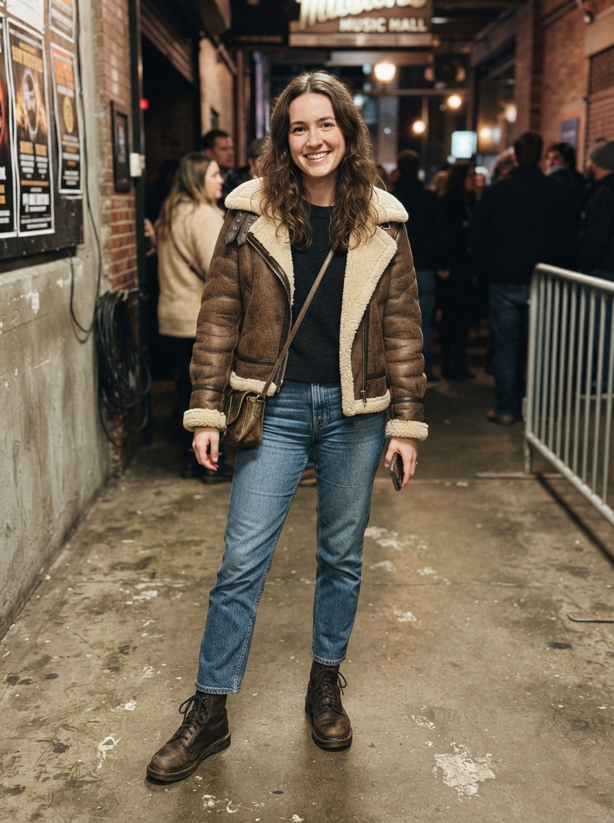 Shearling Aviator Jacket with Jeans winter concert outfit